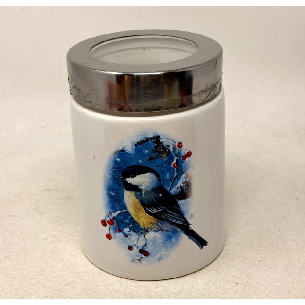 Ellien's Chickadee Bird Ceramic Handled Canister Mug Chrome Lid Winter Berries
